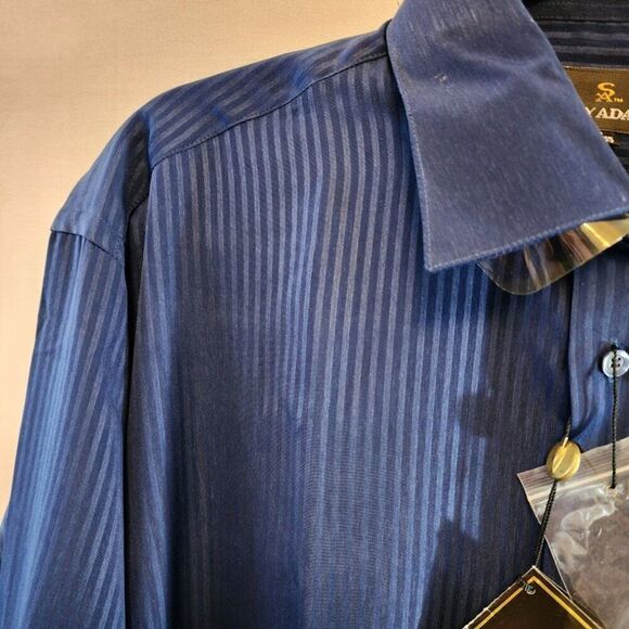 STACY ADAMS BLUE PIN STRIPE NWT SIZE 17 34/35 SHIRT FRENCH CUFFS LONG SLEEVE - Picture 4 of 10